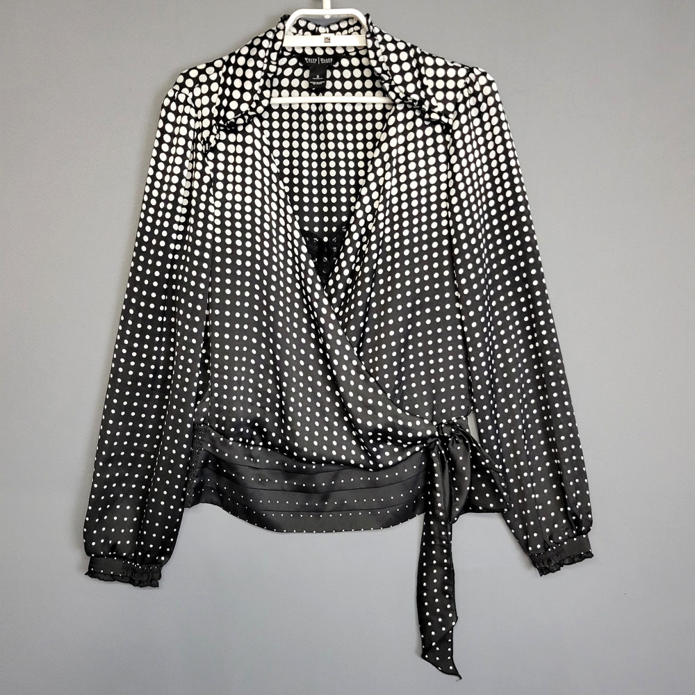 White House Black Market Wrap Top Womens S Black White Polka Dot Side Tie